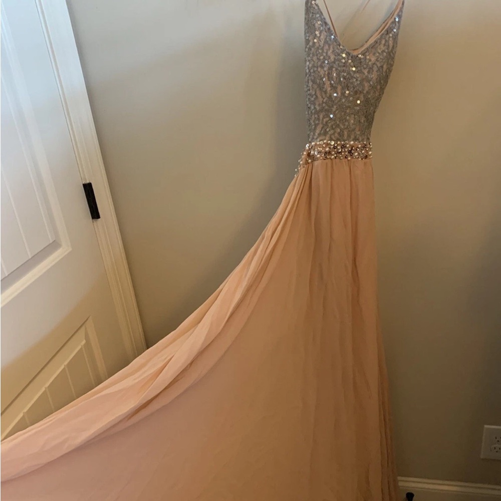 City Studio silver Sequin bodice and peachy nude sheer Evening Gown size 5